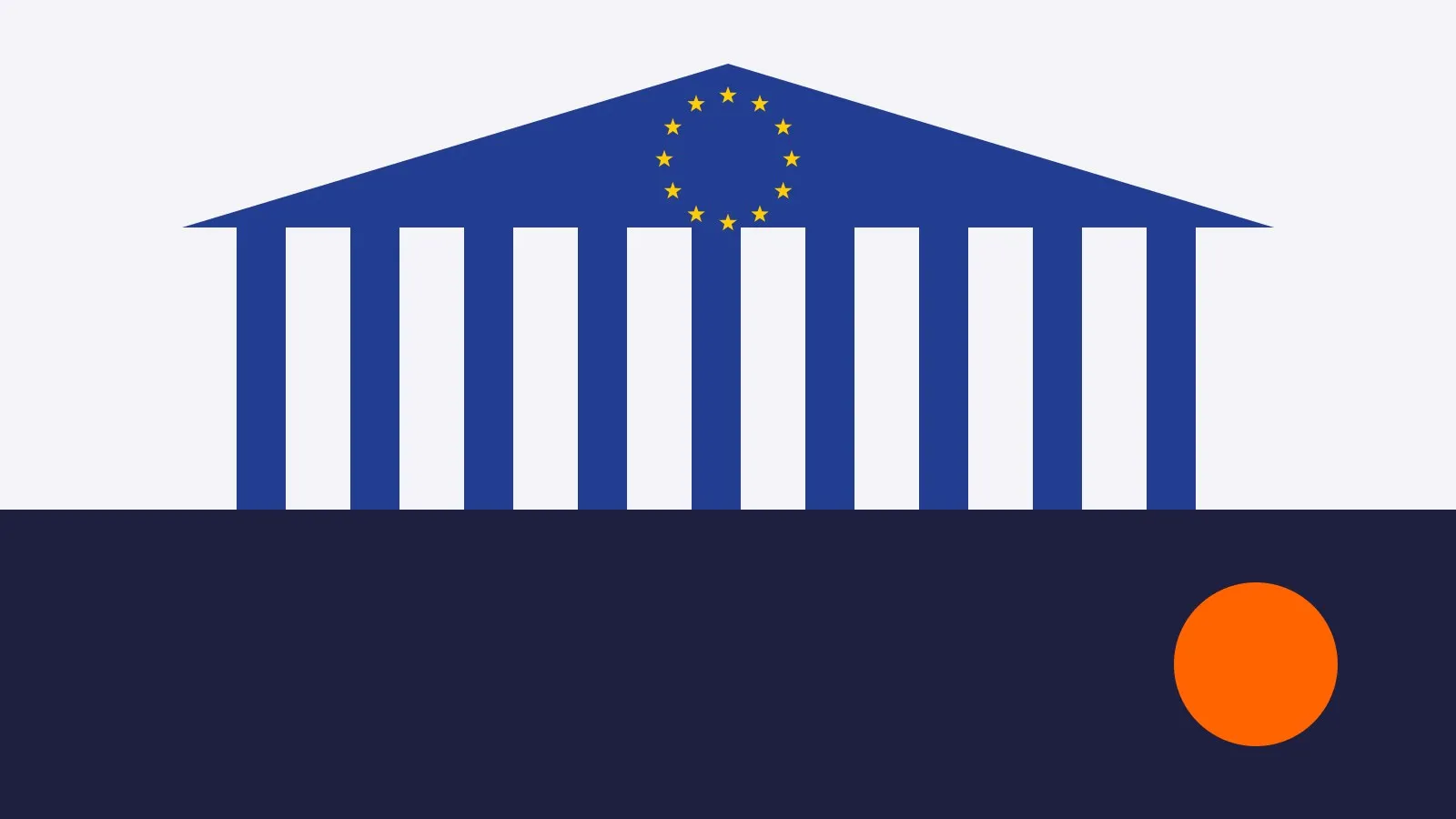 Abstract illustration of a parliament building with columns, crowned by a ring of yellow stars.