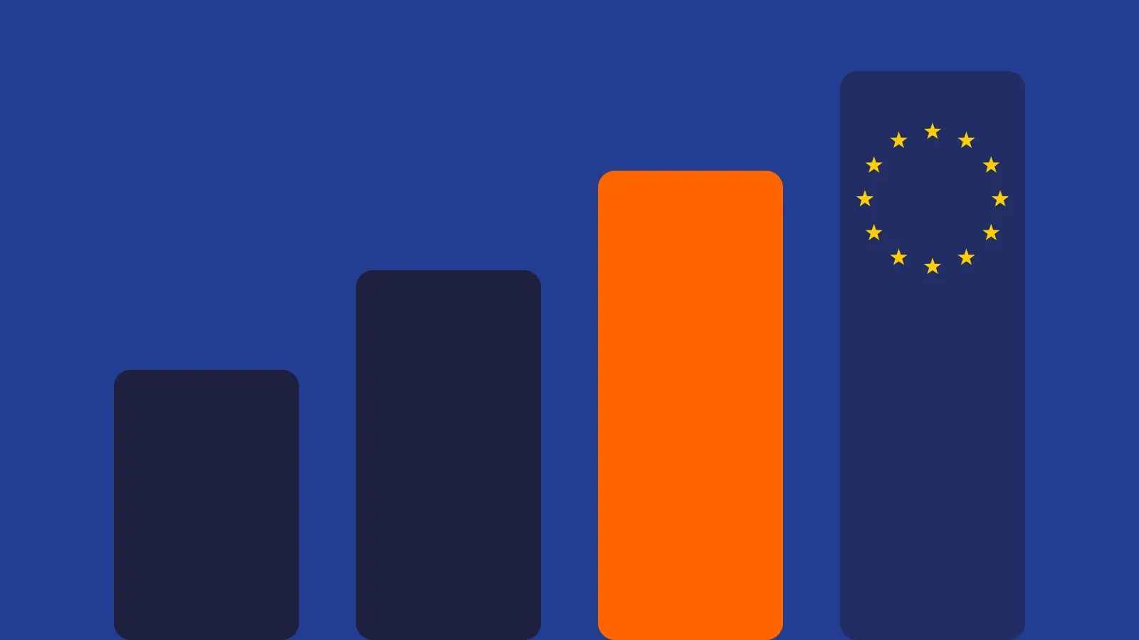 Abstract illustration: four rising bars, one in orange, with a ring of yellow stars above the tallest.