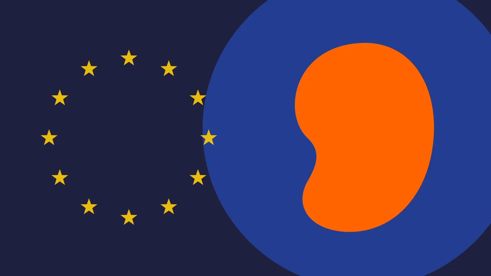 Abstract illustration: an orange kidney shape on a blue circle next to a ring of yellow stars.
